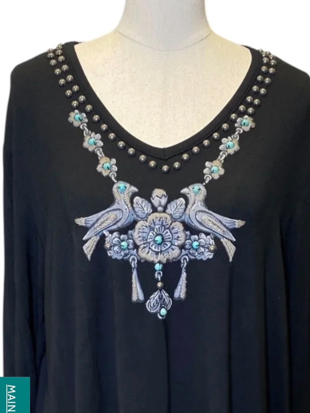Double D Ranch love birds long sleeve top Embroidery studded turquoise XL EUC